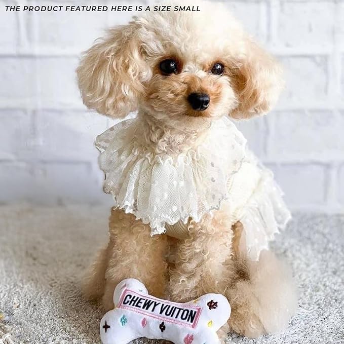 Haute Diggity Dog White Chewy Vuiton Bone, Plush Designer Dog Toys with Interactive Squeaker, Stimulating Pet Enrichment, Machine-Washable & Safe Materials for All Breeds, Size Small