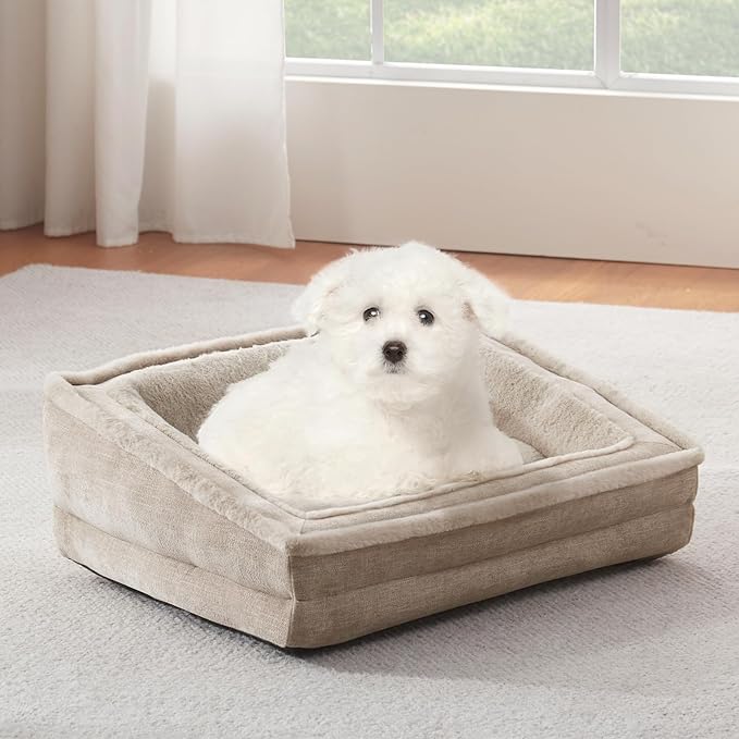 Cat Couch for Pets, Washable Cat Beds for Indoor Cats, Super Soft Plush Supportive Dog Couch Bed for Puppy and Kitten with Anti-Slip Bottom, 26inch, Beige