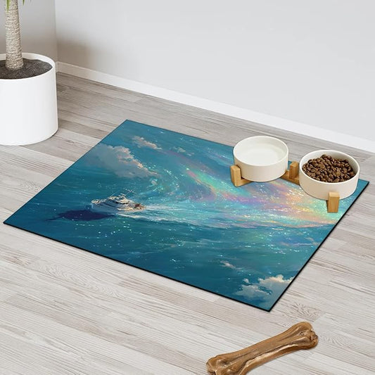 Beach Dog Food Mat for Floors Absorbent, Quick Dry Water Dispenser Mat for Food, Water, Pet Supplies 12" x 20", Night Ship