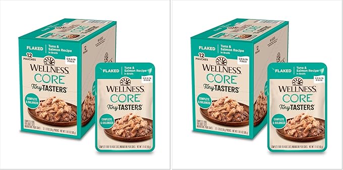 Wellness CORE Tiny Tasters Flaked Adult Wet Cat Food,Natural,Protein-Rich,Grain Free,1.75-Ounce Pouch,(Tuna & Salmon),(Pack of 24)