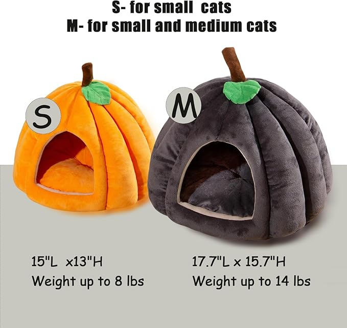 Cat Bed for Indoor Cats - Adorable Cozy Pumpkin Cat Cave with Removable Cushion, Super Soft Pet House Tent for Kittens & Small Pets, Warm & Washable Non-Slip Design(S 15 inch Orange)