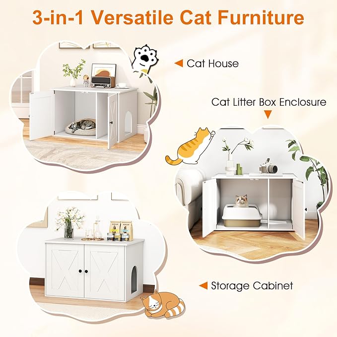 Tangkula Cat Litter Box Enclosure, Hidden Cat Washroom Cabinet with Double Doors, Divider, Side Entry, Indoor Wooden Cat House End Table, Enclosed Litter Box Furniture (White)