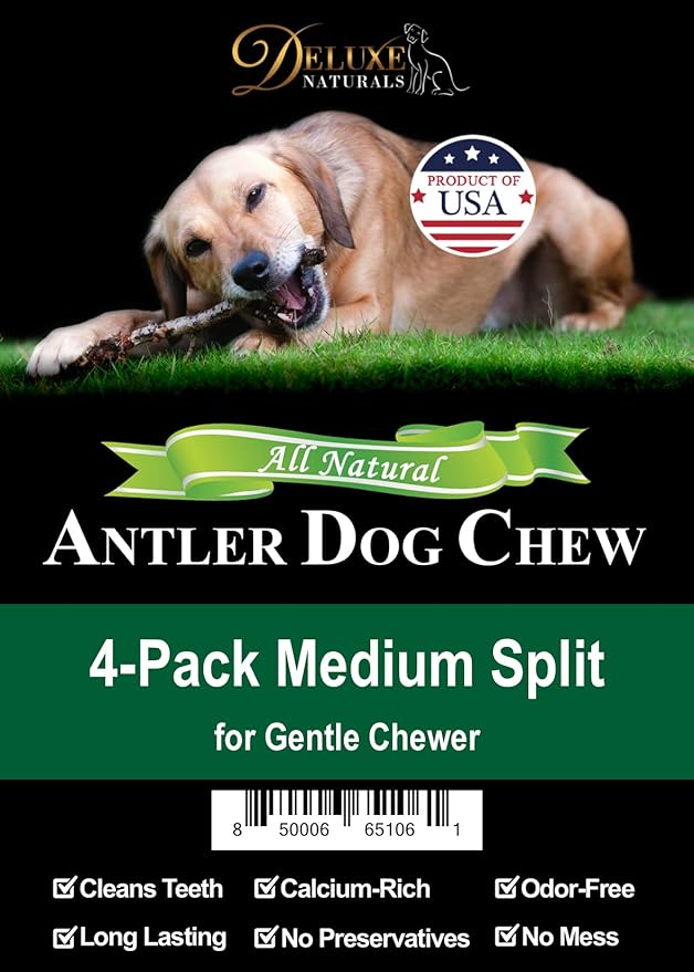 4 Pieces Medium Split Elk Antler Dog Chew (5.5 to 7 inches) – All Natural, Premium Grade A, Odor-Free, USA-Sourced – Long-Lasting Dental Treats for Small Dogs Under 35 lbs