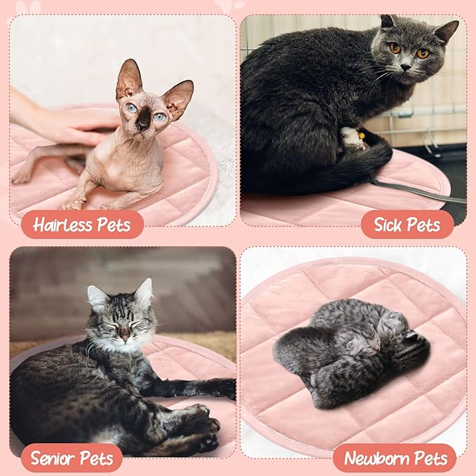 2 Pcs Self Warming Cat Mat Round Self Heating Pad Bed Reversible Machine Washable Heated Bed Anti Slip Warming Pad Pet Mat for Cat Crate Indoor Outdoor(Pink,16 Inch)