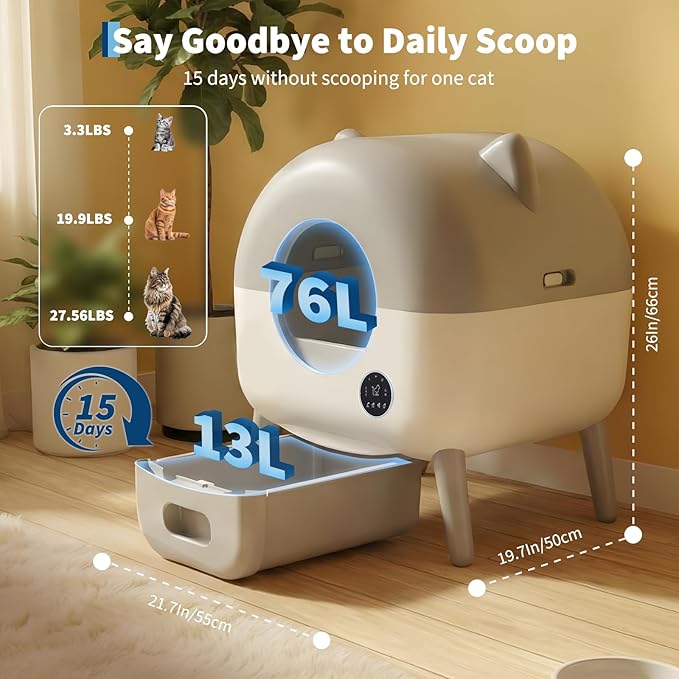 Automatic Self Cleaning Litter Box, Extra Large Automatic Cat Litter Box Self Cleaning Robot for Cats, Smart Safety Sensors-App Control-Low Noise, Washable Tray, 20 pcs Trash Bag