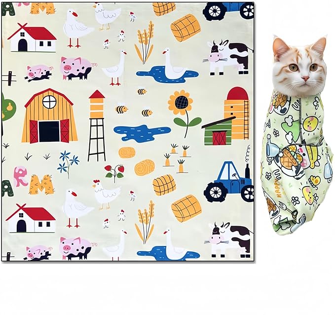 Cat Wrap for Cutting Nails Cloth Burrito Wrap for Nail Clipping,Scratch and Escape Prevention,Multi-Purpose Swaddle Wrap Pet Worker (Farm + House, 21.65inchx21.65inch)
