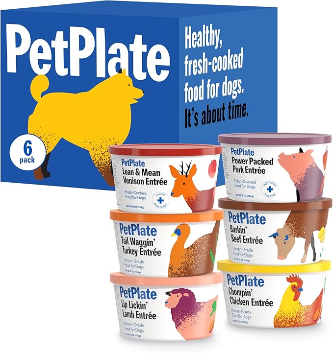PetPlate Human-Grade Fresh Dog Food Variety Pack – 6 Proteins (Beef, Chicken, Lamb, Pork, Turkey & Venison) – Wet Dog Food for All Breeds – High-Protein, Natural – 12-oz Cups, Case of 6
