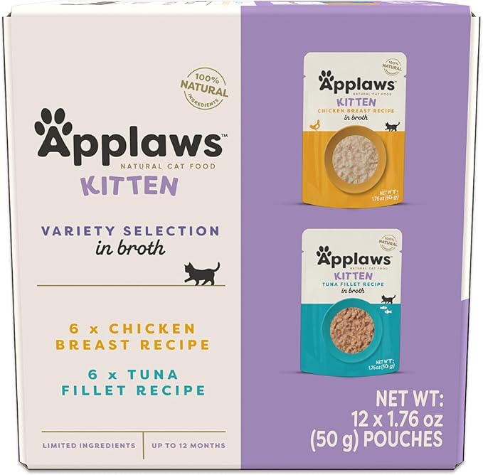 Applaws Natural Wet Kitten Food in Broth, Made with Limited and Natural Ingredients, No Artificial Additives, High Protein, Kitten Variety Selection (12 x 1.76oz Pouches)