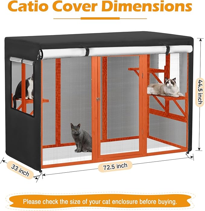 Catio Cover,72.5" L x 33" W x 44.5" H Cover for Catio Outdoor Cat Enclosure Waterproof, 420D Cat Cage Covers for Nyeekoy Cats Catios, Outdoor Cats Enclosure Covers(Black)(Catios Not Included)