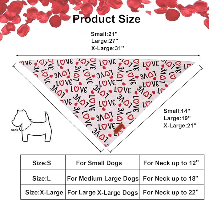PTDECOR Dog Valentine Bandana, Reversible Love and Heart Print Valentine Pet Scarf, Premium Durable Fabric, White Bandanas for Extra Large Dogs (X-Large)