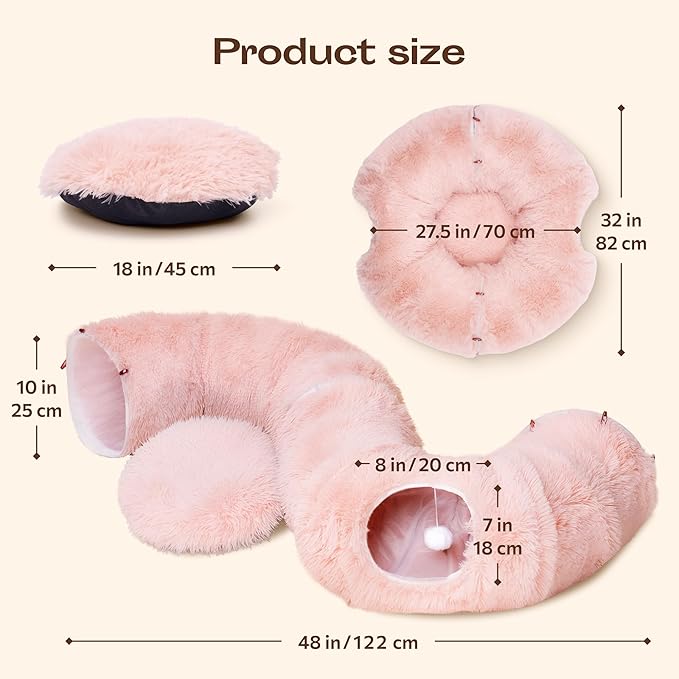 Meowfia Indoor Cat Tunnel with Donut Bed - Large Flexible Play Space for Multiple Pets - Circle or Snake Shape, Cozy Lounge (Pink)