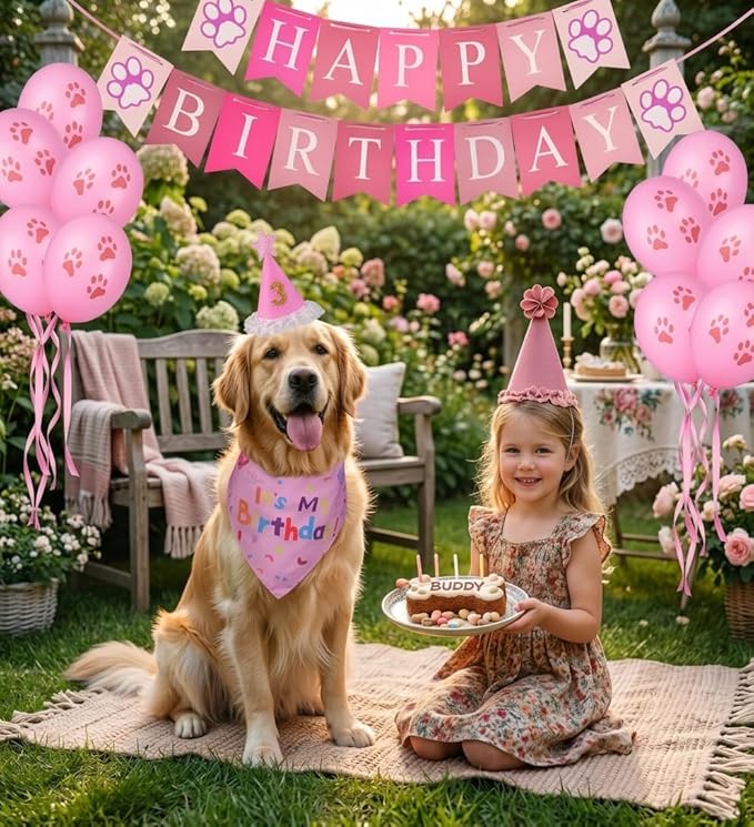 Dog Birthday Party Supplies, Dog Birthday Bandana Set, Dog Boy Girl Birthday Party Hat with Numbers,Flag, Balloon for Large Medium Small Dogs Pet (Pink)