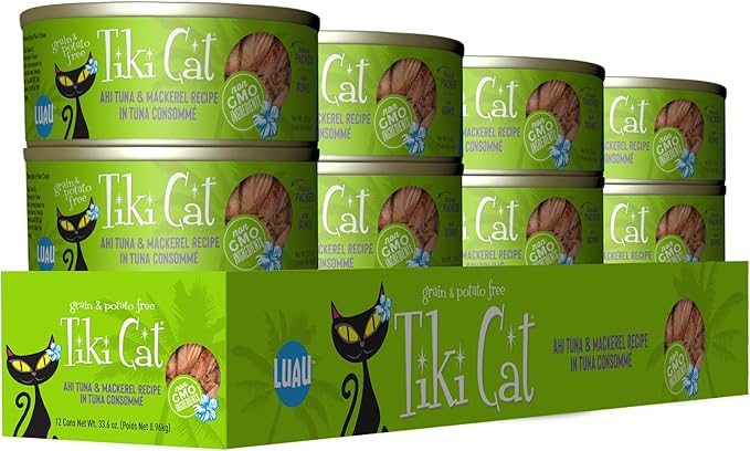 Tiki Cat Luau Grain-Free, Low-Carbohydrate Wet Food with Poultry or Fish in Consomme for Adult Cats & Kittens, 2.8oz, 12pk, Tuna & Mackerel