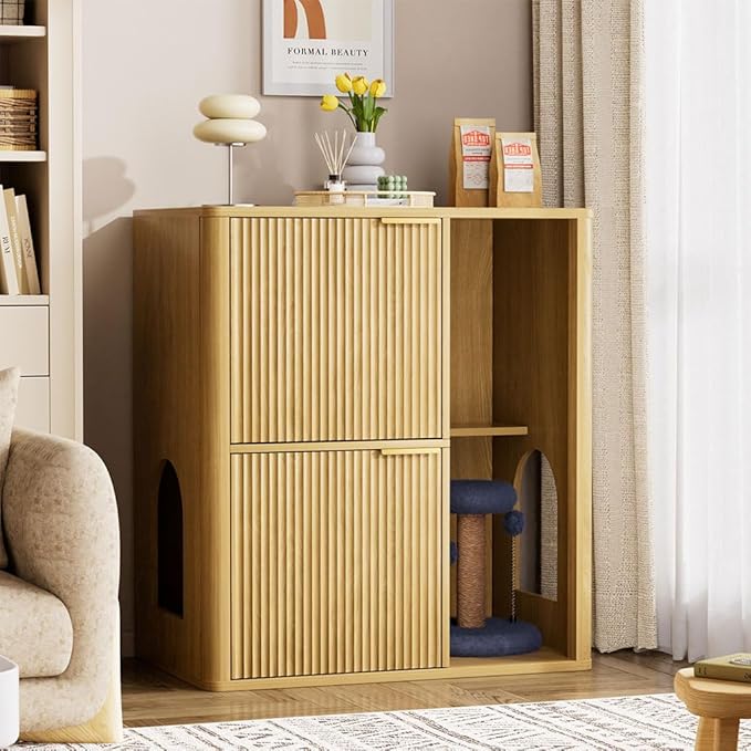 Cat Litter Box Enclosure Furniture, 2 Storey Hidden Litter Box Cabinet with Scratching Post & Storage Shelf, Fluted Modern Litter Box Enclosure for Living Room, Bedroom,Natural
