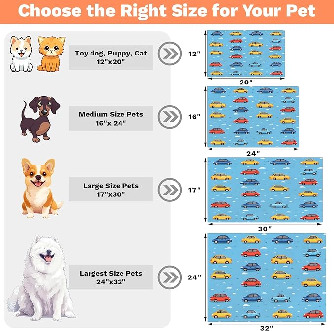 Cartoon Car Dog Food Mat for Floors Absorbent, Quick Dry Water Dispenser Mat for Food, Water, Pet Supplies 12" x 20", Transportation Taxi