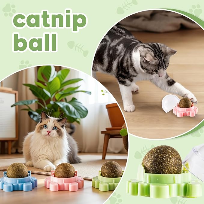 Catnip Balls for Cats - 4 Pack Wall-Mounted 360° Spinner Chew Toys, Freshens Teeth & Reduces Boredom, Natural Catnip Filled