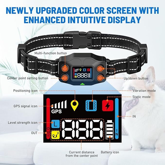 GPS Wireless Dog Fence, 3 Warning Modes, Radius 25-999 Yards, IPX7 Waterproof Collar, Electric Fence for Dogs, Pet Containment System, Outdoor Use, for Dogs Over 16 Lbs