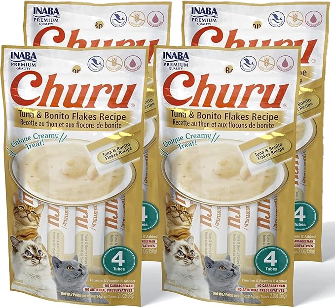 INABA Churu Cat Treats, Grain-Free, Lickable, Squeezable Creamy Purée Cat Treat with Taurine & Vitamin E, Tuna with Bonito Flakes Recipe, 0.5 Ounces Each Tube, 16 Tubes Total