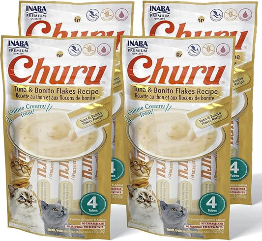 INABA Churu Cat Treats, Grain-Free, Lickable, Squeezable Creamy Purée Cat Treat with Taurine & Vitamin E, Tuna with Bonito Flakes Recipe, 0.5 Ounces Each Tube, 16 Tubes Total