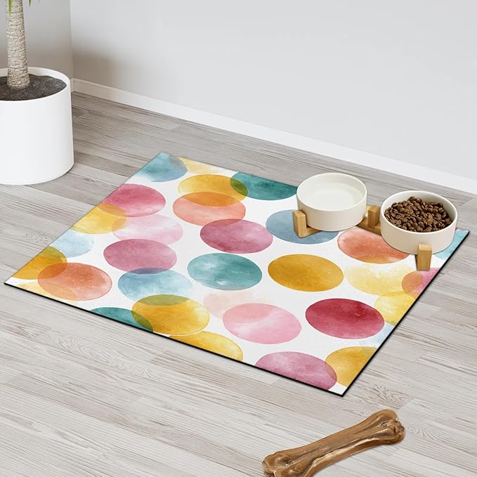 Polka Dot Dog Food Mat for Floors Absorbent Dog Bowl Mat for Food and Water Dispenser Quick Dry Cat Food Placemat Pet Supplies 24" x 32", Colorful Abstract