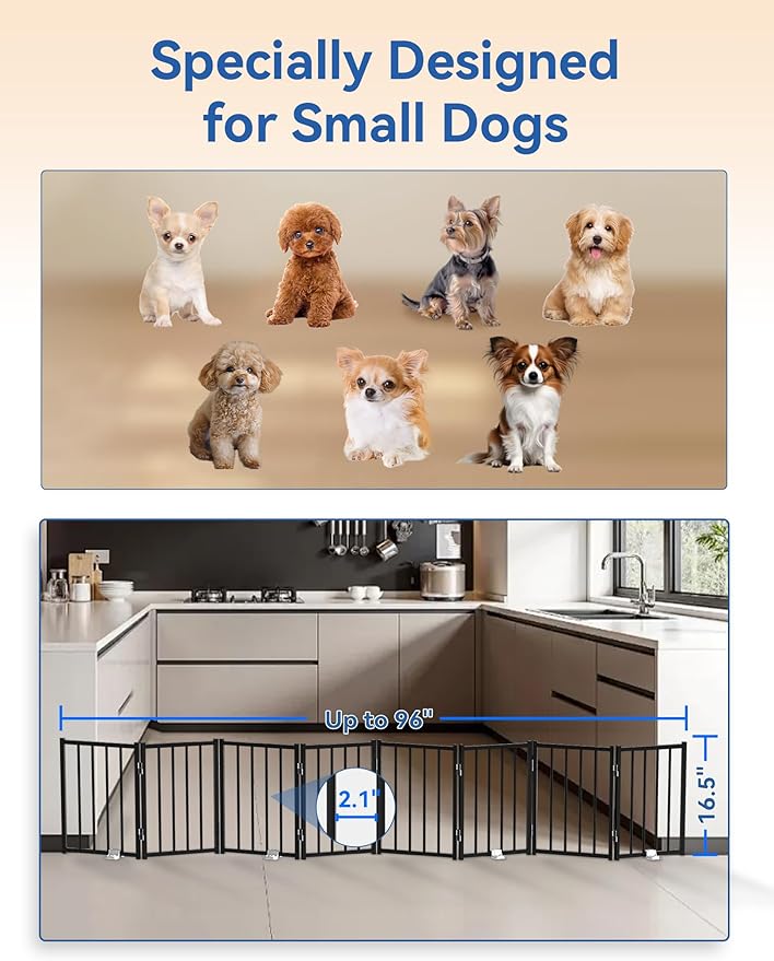 BFNN Metal Short Dog Gate, 16.5" High to Step-Over, Free Standing Foldable Pet Gate, Up to 96" Wide Puppy Fence for Stairs and Doorways, Indoor & Outdoor Use, No Drilling and No Assembly, Black