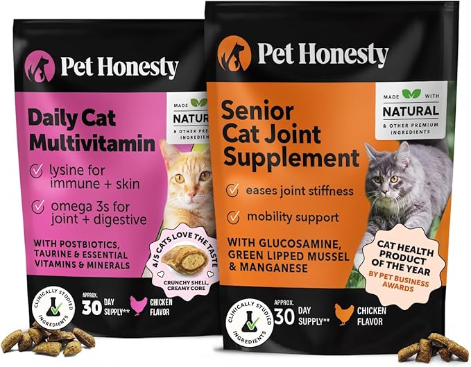 Cat Multivitamin + Cat Hip & Joint Daily Essentials Bundle - Crunchy & Creamy Chews for Immune Health, Joint Support, and Skin & Coat