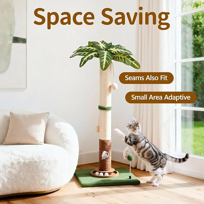 Tall Cat Scratching Post Vertical Pole for Indoor, 35" Palm Tree Sisal Scratch Post for Large Cats Kittens, Heavy Duty Wooden Carpet Pole with Ball Track Leaves, Furniture Protection
