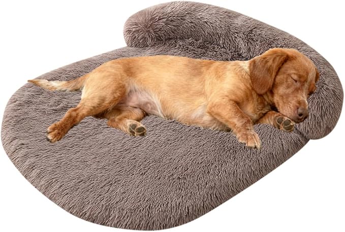 Calming Dog Beds for Medium Large Dogs, Orthopedic Cushion Plush Dogs Lounge Couch Sofa with Washable Removable Cover, Anti-Anxiety Soft Faux Fur Fits up to 40 lbs Pets (Oval, Brown 32"x24")