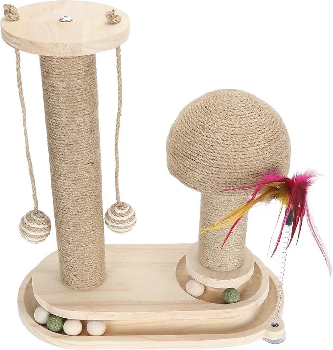 Cat Toy Cat Scratching Post 2 Layer Ball Track Kitten Scratcher Cat Toy, Sturdy Pine Hemp Cat Scratch Post Interactive Toy with Wood Ball, Suction Cup Base Cat Scratcher Toy