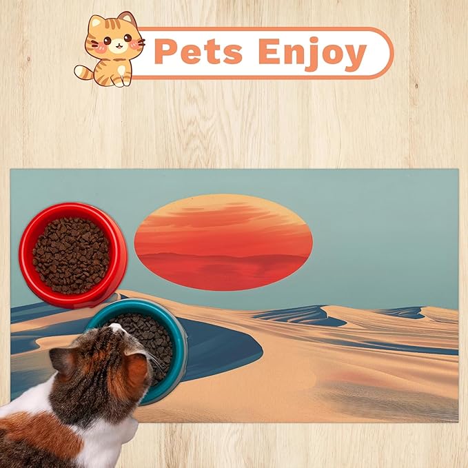 Sun Sunrise Dog Food Mat for Floors Absorbent, Quick Dry Water Dispenser Mat for Food, Water, Pet Supplies 16" x 24", Desert