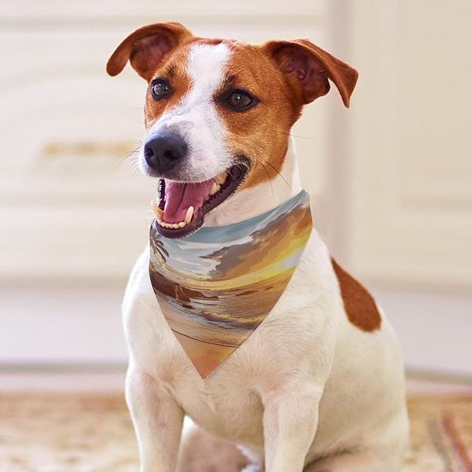 Dog Bandana Spring Pet Scarf Adjustable Triangle Tropical Beach at Sunset Printing Dog Bib Washable Polyester Puppy Bandana for Small Medium Large Dogs Cat Birthday Party Supplies