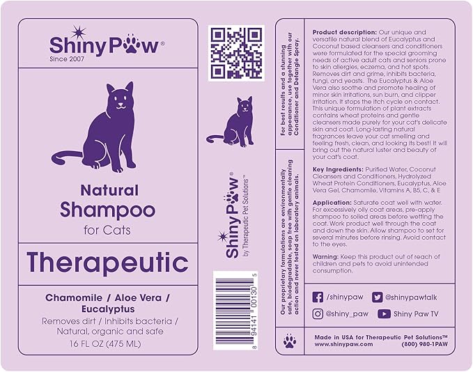Natural Cat Shampoo for Itchy Skin with Chamomile, Aloe Vera & Eucalyptus by Shiny Paw 16 oz | Hypoallergenic Feline Shampoo for Sensitive Skin Itch Relief | for Adult & Senior Cats | Made in USA