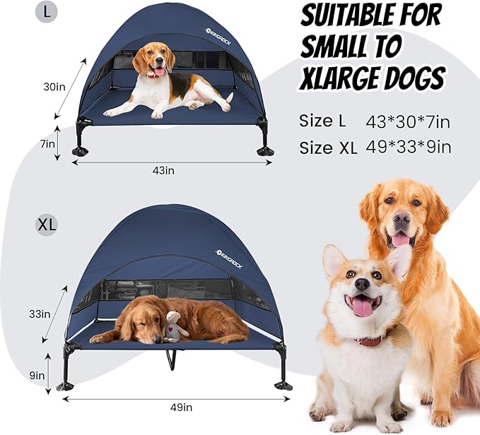 KINGROCK Elevated Dog Bed with Removable Canopy Portable Outdoor Pet Cot Waterproof 600D Oxford Fabric Anti Slip Feet for Large Dogs Camping Beach Indoor and Outdoor Use