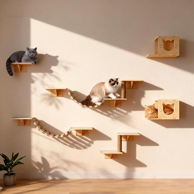 8 in 1 Cat Wall Shelves Cat Climber Set, Wall Mounted Cat Furniture with Scratching Post, Cat Bridge, Cat Condos and Cat Perches