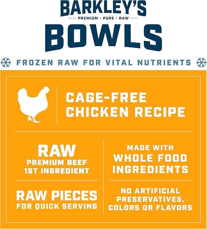 Barkley’s Bowls, Frozen Raw Chicken Dog Food, Fresh Whole Food Ingredients with Cage-Free Chicken, Grain Free, High Protein for Balanced Nutrition, Frozen Meals, Human Grade Ingredients, 4 lb (3 Pack)