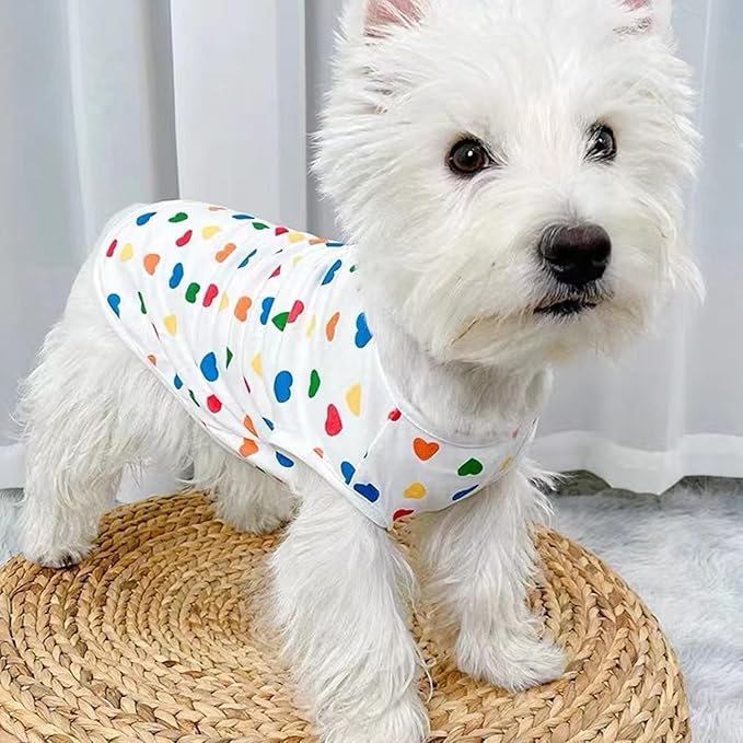 Generic Summer Pet Clothes Breathable Colorful Heart Pattern Vest Shirt for Small to Medium Cats and Dogs, White L Size, Lightweight Summer Pet Supply Accessory