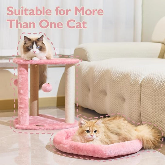 Cat Scratching Post Tree 3 in 1 Cat Tree Tower with Soft Bed, Heart Shape Scratch Posts with Two Hanging Ball Toys for Indoor Cats and Kittens Pink