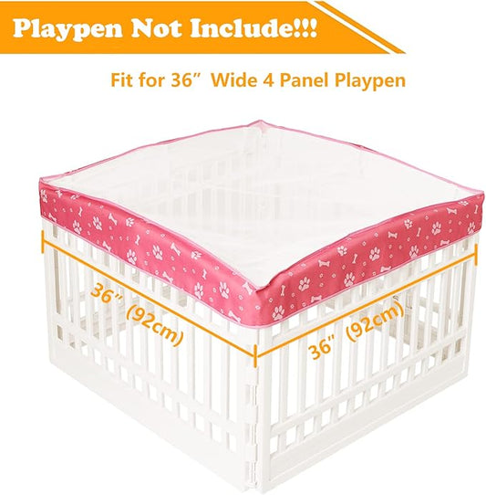 Dog Playpen Mesh Top Cover for 36" Inch Pet Playpen with 4 Panels,[ Note: Playpen Not Included] Dog Crate Cover Pet Tent Puppy Play Pen Cover, Ideal for Indoor/Outdoor Use. (Pink)
