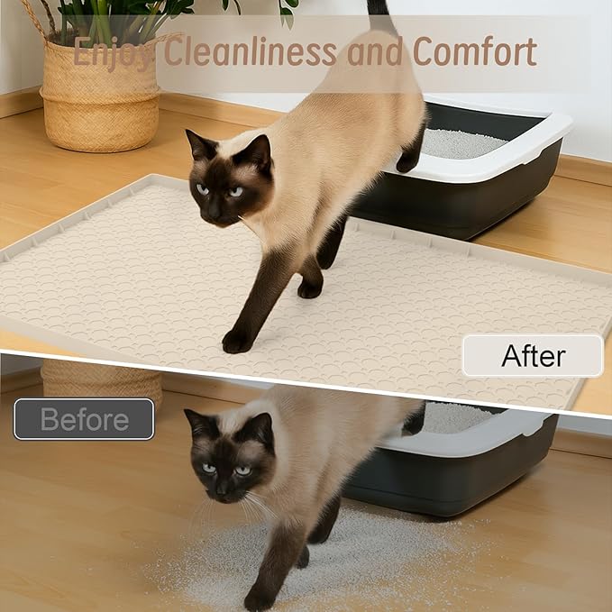 2pcs 34"x22" Litter Mats Extra Large Easy Clean, Cat Litter Mat Large, Silicone Dog or Cats Feeding mat Waterproof, Cat Litter Mats for Indoor Cats, Grey and Beige