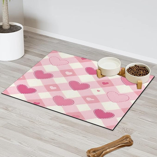 Love Heart Dog Food Mat for Floors Absorbent, Quick Dry Water Dispenser Mat for Food, Water, Pet Supplies 16" x 24", Pink Buffalo Plaid