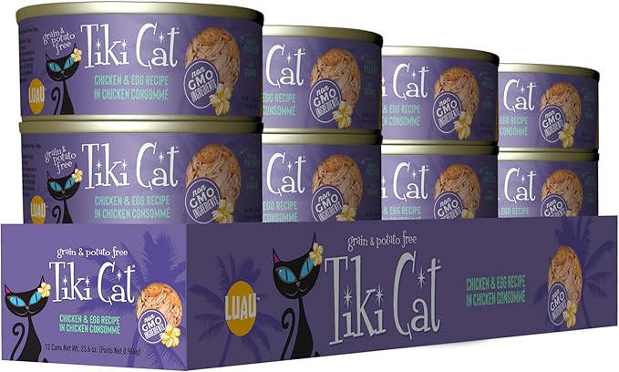 Tiki Cat Luau Shredded Meat, Chicken and Egg Recipe in Chicken Broth, Grain-Free Balanced Nutrition Wet Canned Cat Food, For All Life Stages, 2.8 oz. Cans (Pack of 12)