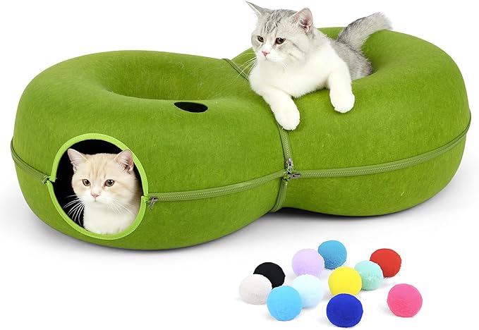 8-Shaped Large Cat Tunnel Bed for Indoor Cats, Infinite Circulation Peekaboo Cat Cave with 12 Toy Balls, Cat Donut Tunnel for Cats up to 30 Pounds (Green, L(38x24x11))