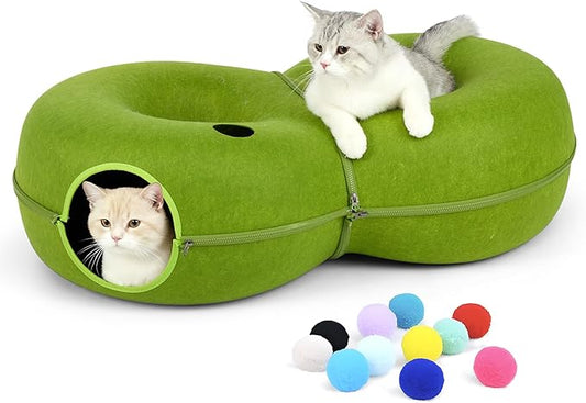 8-Shaped Large Cat Tunnel Bed for Indoor Cats, Infinite Circulation Peekaboo Cat Cave with 12 Toy Balls, Cat Donut Tunnel for Cats up to 30 Pounds (Green, L(38x24x11))