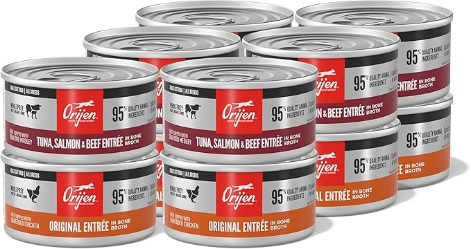 ORIJEN Premium Pate Wet Cat Food Variety Pack: Tuna Salmon & Beef + Original Entrées 3oz Cans (12 Count, 6 of Each)
