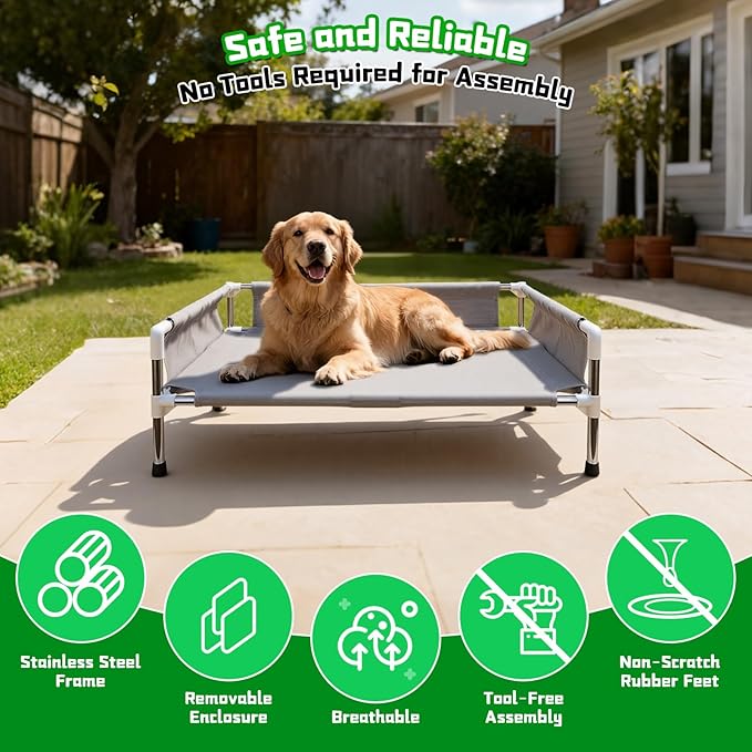 Makerfire Elevated Dog Bed, Raised Dog Sofa Bed for Medium Dogs, Detachable Cooling Indoor/Outdoor Pet Cot with Non-Slip Feet, Polyester Cotton (33''L x 26.5''W x 11.6''H)