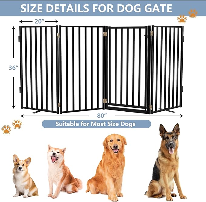 Full Metal Freestanding Dog Gates with Door, 36" Height Dog Fences for Indoor & Outdoor, Extra Wide Foldable Pet Gates for Stairs, Hallways, Doorways, Yard (4 Panels, 80" W × 36" H)