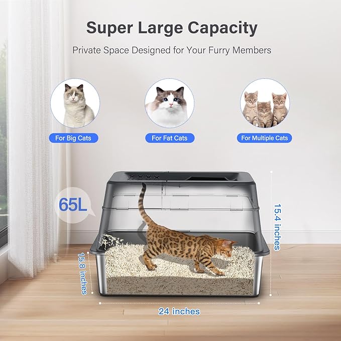 Stainless Steel Litter Box with Lid, XL Extra Large Enclosed Cat Litter Box Fits All Cats Modular Design with Flip Cover, Top Entry Metal High Sided Cat Box & Pedal & Scoop (Dark Grey)