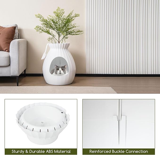 Tangkula Plant Litter Box, Hidden Cat Litter Box Enclosure Furniture with Smart Odor Control System, Artificial Plant, Large Planter Litter Box with Door Curtain, Pebbles, Scoop for Cats, Kitty