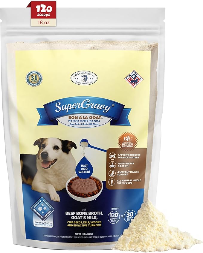CLEAR CONSCIENCE PET® Bon A' La Goat™ SuperGravy® Natural Dog Food Gravy Topper, Hydration Broth Mix, Gluten and Grain Free Kibble Seasoning Powder Topper for Picky Eaters (18 oz. (120 Scoop))