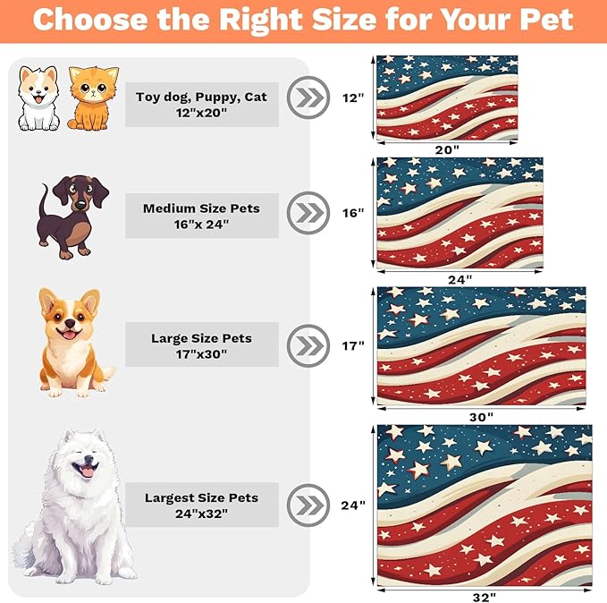 4th of July Dog Food Mat for Floors Absorbent Dog Bowl Mat for Food and Water Dispenser Quick Dry Cat Food Placemat Pet Supplies 17" x 30", Red White Stripes